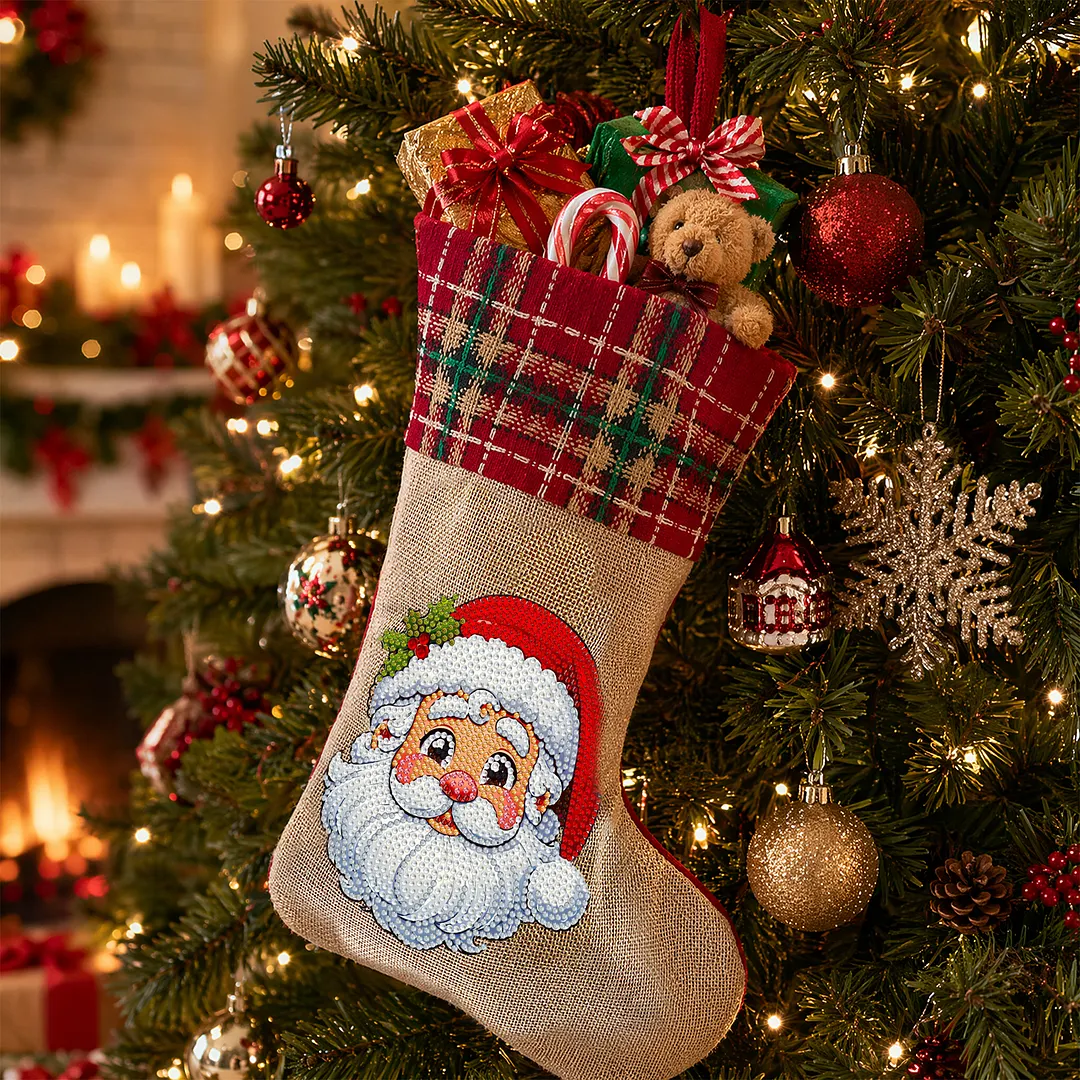 DIY Diamond Painting Christmas Stockings Hanging Ornaments Large Capacity Xmas Socks Pendant Wear Resist Candy Gift Storage Bags for Family Christmas Holiday Party Decoration (Santa Claus head)