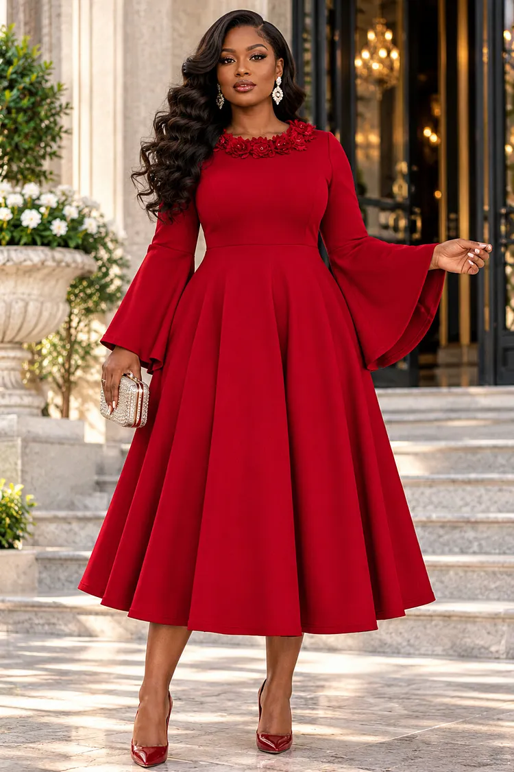 Xpluswear Design Plus Size Formal Red Round Neck Flare 3/4 Sleeve Pocket 3D Midi Dresses [Pre-Order] 2024 - Xpluswear