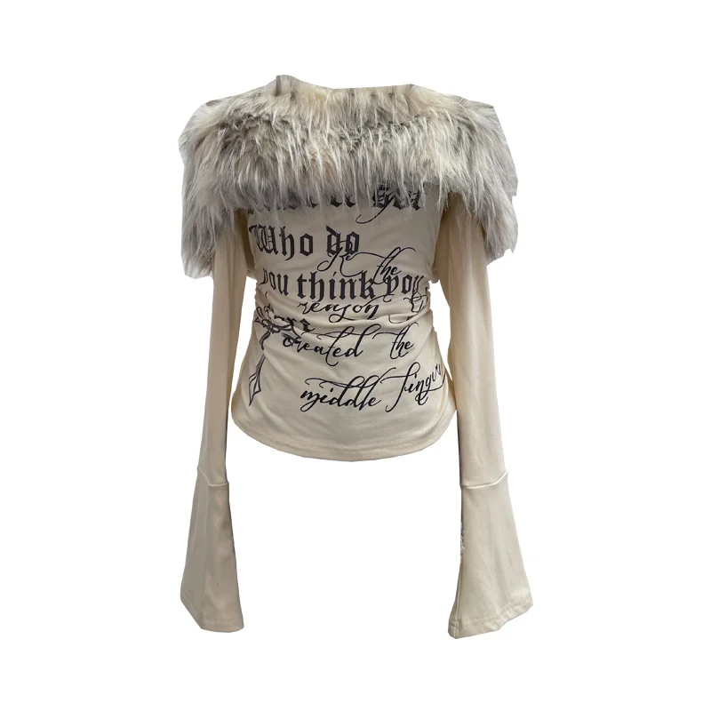 Nigikala Nigikala Shot Hair Collar Print Shoulder Horn Long-Sleeved T-Shirt Repair Short Picties Shoulder Grinding Top 1368