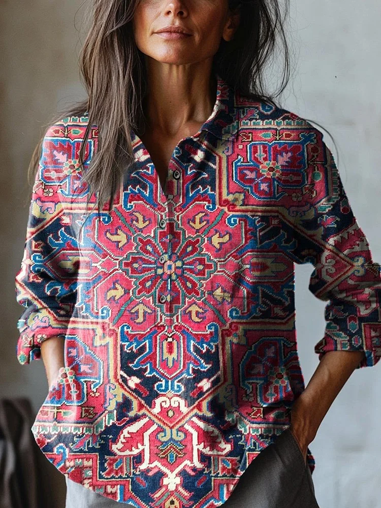 Women's Vintage Lovely Floral Art Print Casual Cotton And Linen Shirt