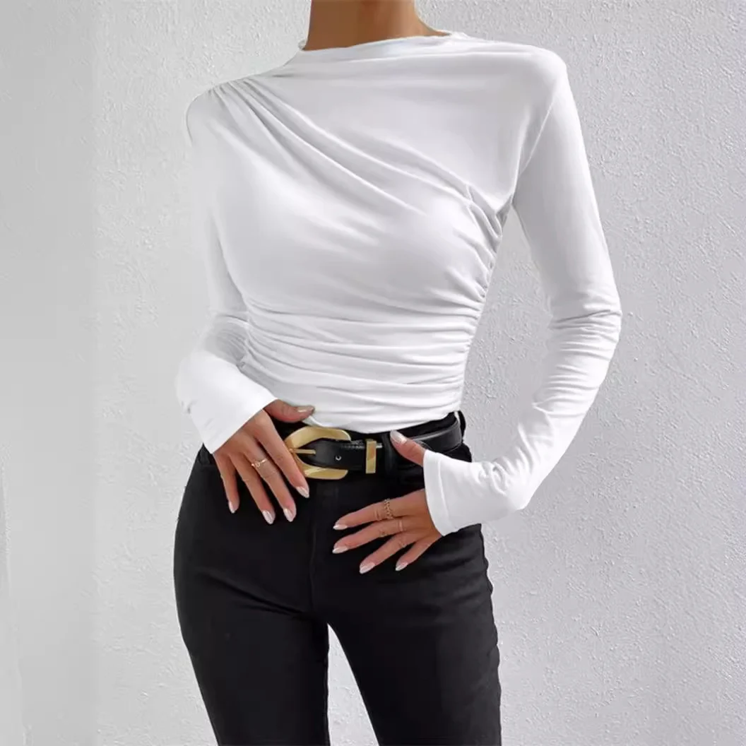 Uveng Uveng Solid Color Trim Bottom Shirt Folding Design Long-Sleeved T-Shirt Lady Top