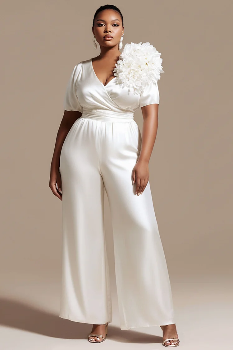 Xpluswear Design Plus Size Business Casual White Wrap Neck Short Sleeve 3D Pocket Satin Jumpsuits [Pre-Order] 2024 - Xpluswear