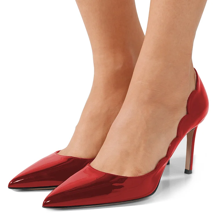 Red Mirror Leather Curvy Stiletto Heels Pumps |FSJ Shoes