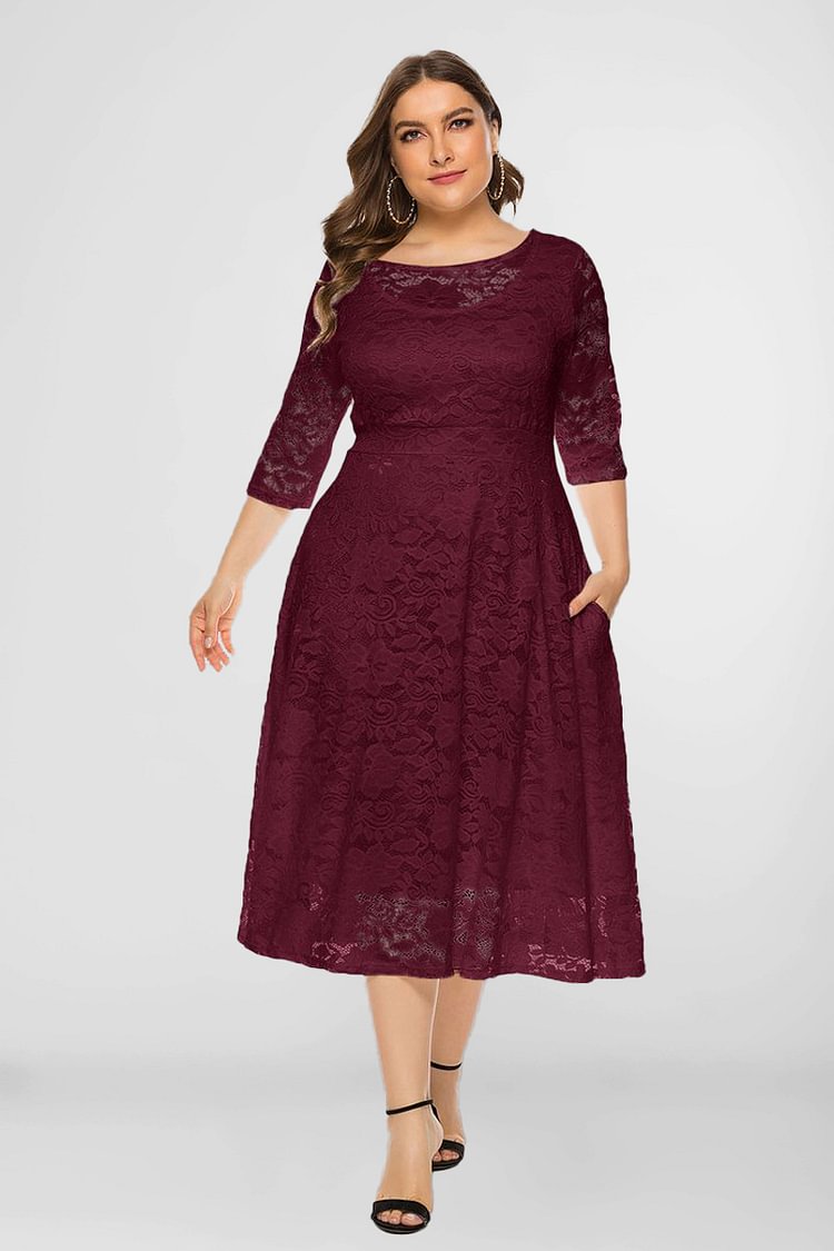Plus Size Mother Of The Bride Red Lace Pocket Round Neck 3/4 Sleeve Tunic Midi Dress  flycurvy [product_label]