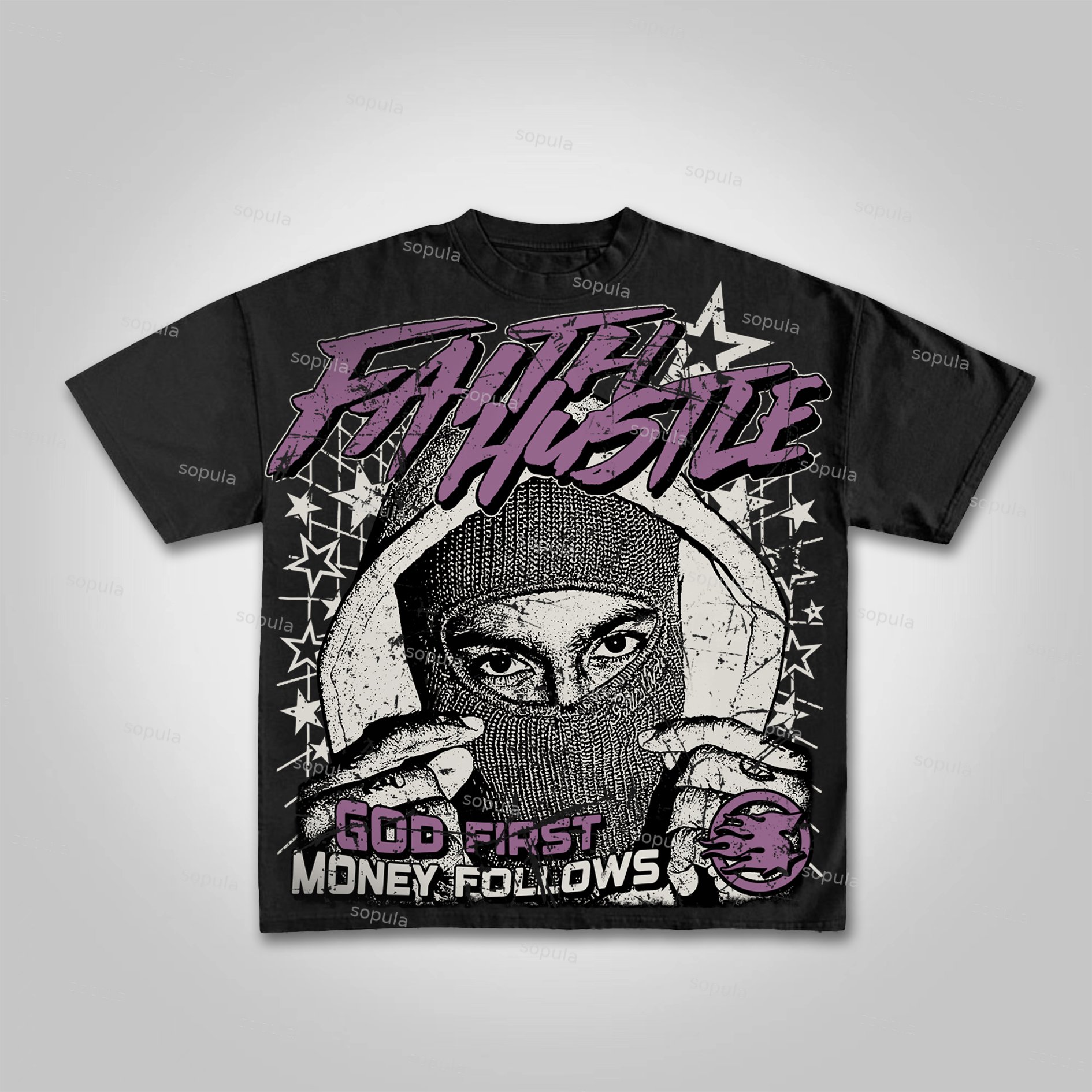 God First Faith Hustle Vintage Street Aged Portrait Graphic Cotton T-shirt