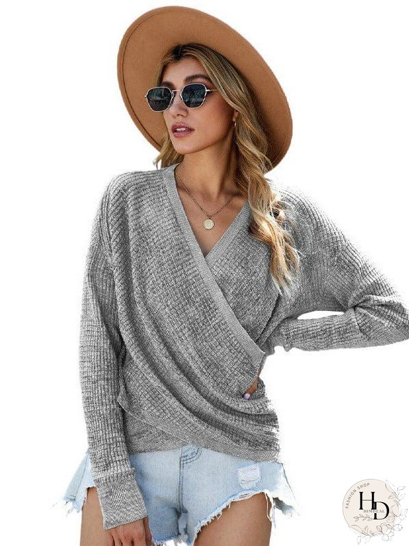 V-Neck Ladies' Sweater With Cross Detail In Solid Colors And Sexy Long Sleeves