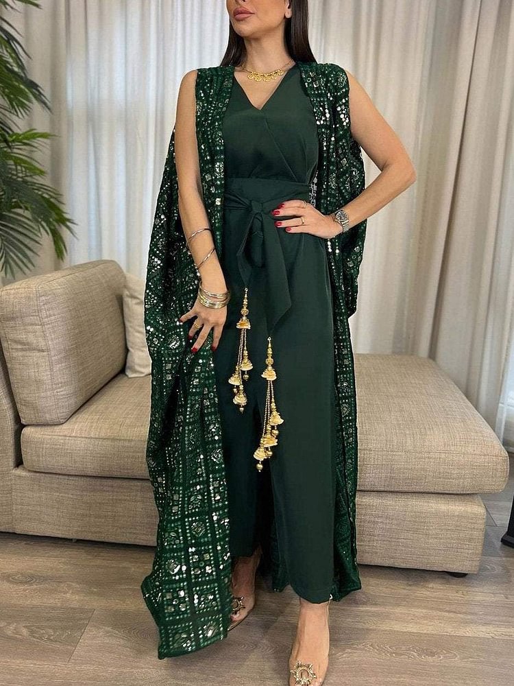 Green Geometric Embroidery Sequin Jumpsuit and OutwearTwo-Piece Set