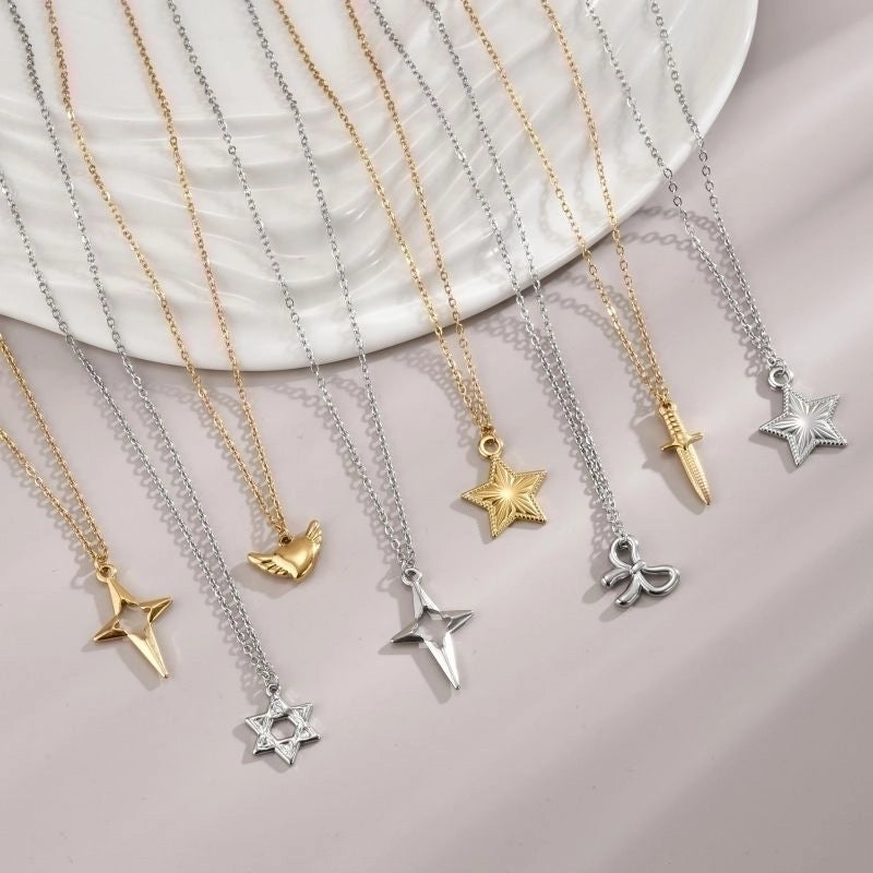 Stainless Steel 18K Gold Plated Minimalist Polishing Plating Star Heart Shape Bow Knot Pendant Necklace