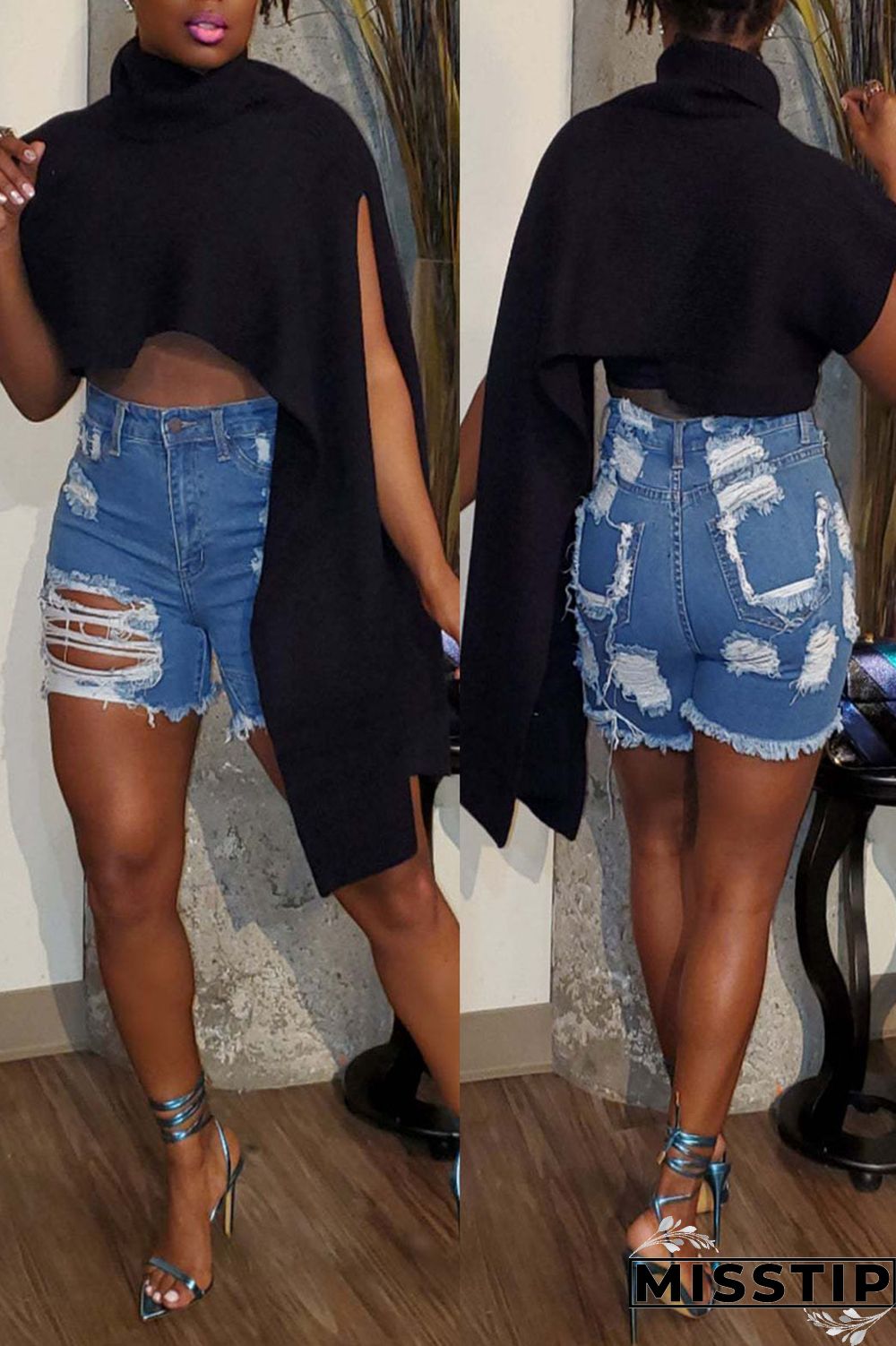 Red Street Solid Patchwork Slit Asymmetrical Turtleneck Tops