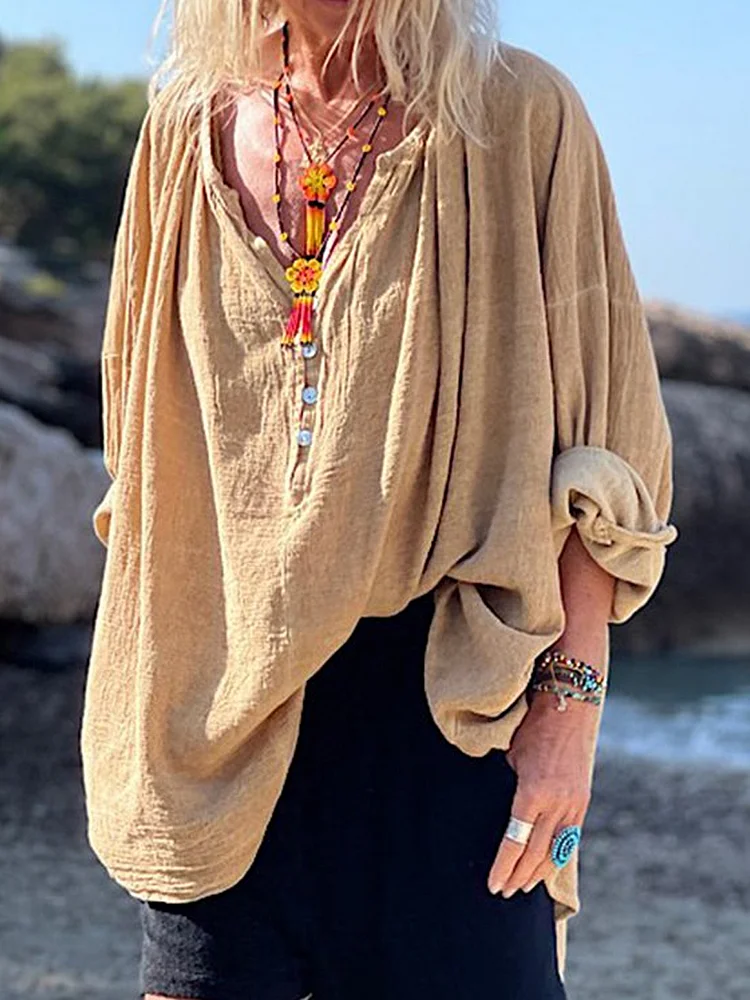 Loose Casual Solid Color V-Neck Long Sleeve Blouse