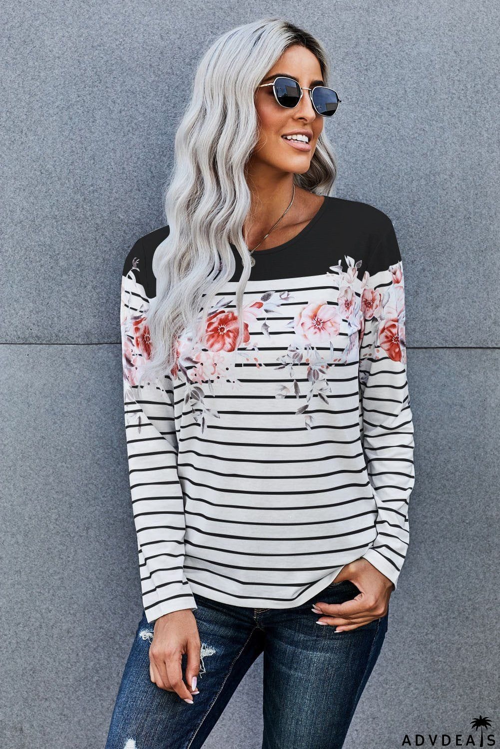 White Black Floral Striped Print Long Sleeve Top