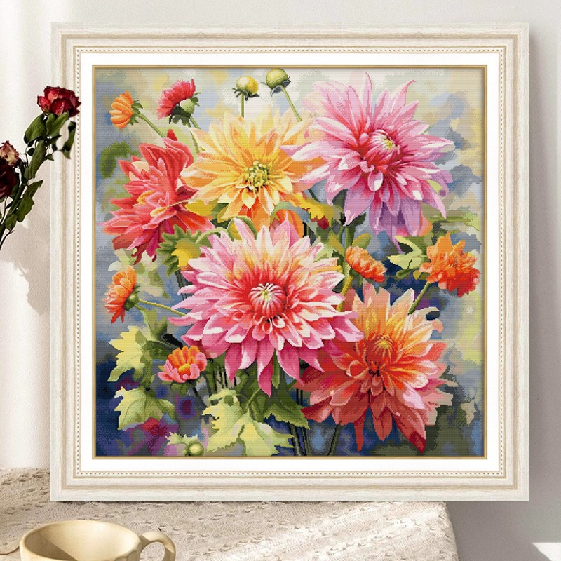 Dahlia Flower 16ct Pre-stamped Canvas(69*72cm) 86 Colors Egyptain Cotton Cross Stitch
