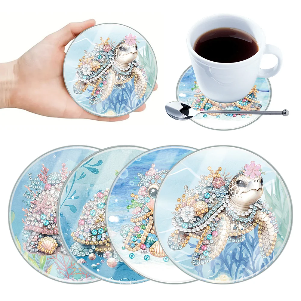 4Pcs Turtle DIY Waterproof Acrylic Special Shape Diamond Painting Coaster