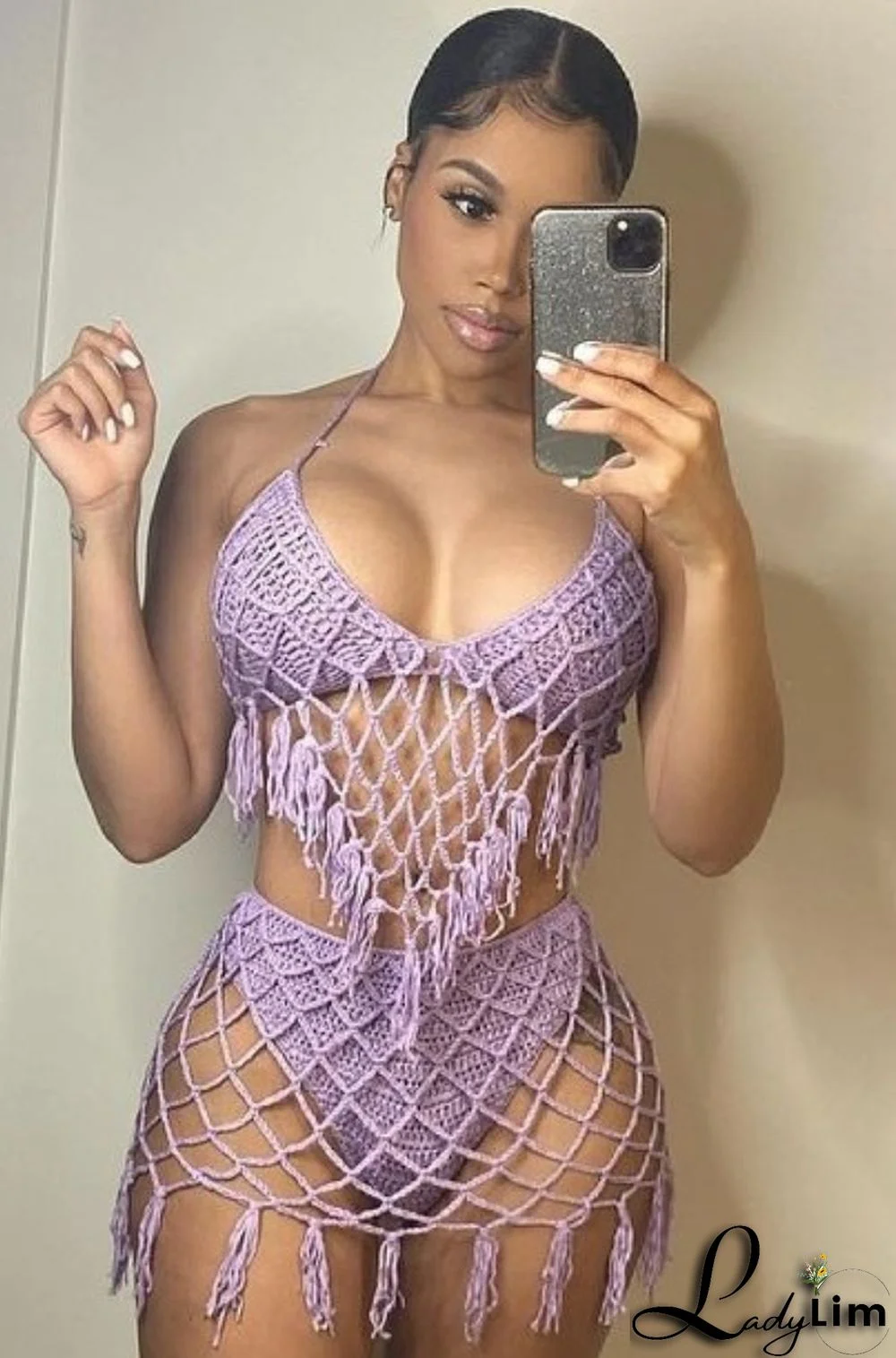 Summer purple Beachwear with mesh tassel covered up 2 piece set