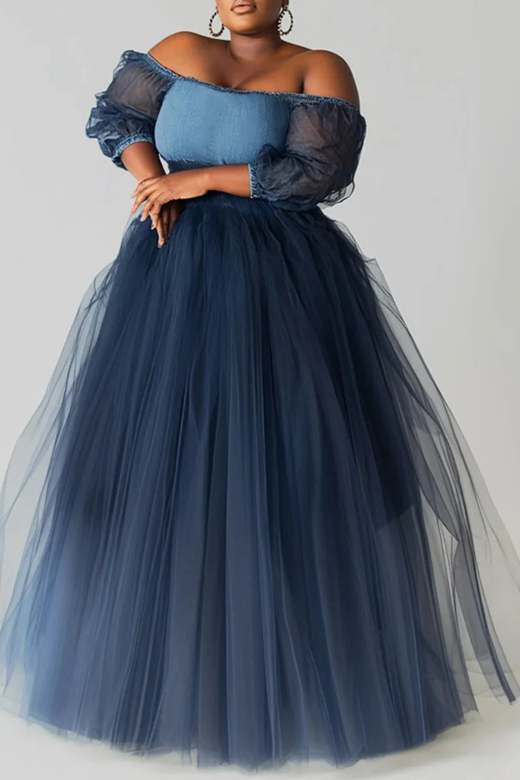 Xpluswear Design Plus Size Formal Blue Off The Shoulder Lantern Sleeve 3/4 Sleeve See Through Contrast Tulle Tencel Denim Maxi Dresses [Pre-Order]