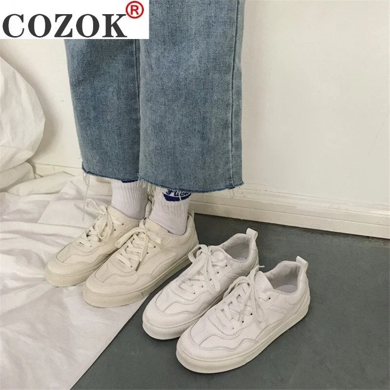 COZOK 2021 New spring tenis feminino lace-up white shoes woman PU Leather solid color female shoes casual women sneakers T133