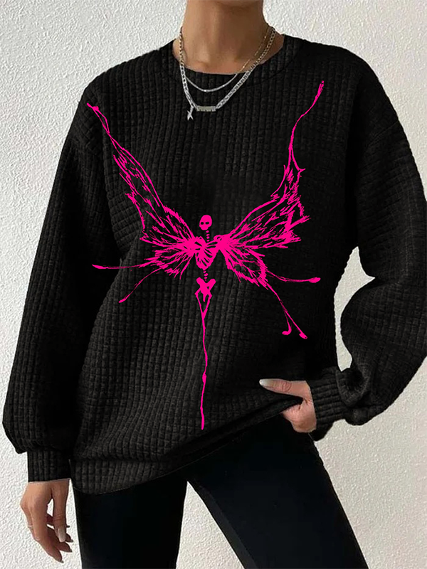 Women's Halloween Skeleton Butterfly Print Waffle Sweatshirt