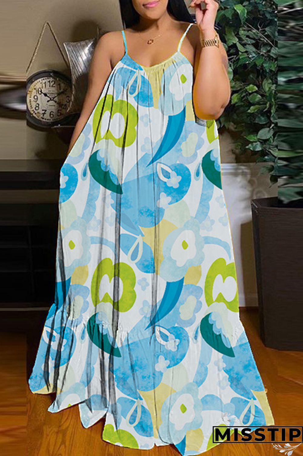 Yellow Sexy Casual Print Backless Spaghetti Strap Long Dress Dresses