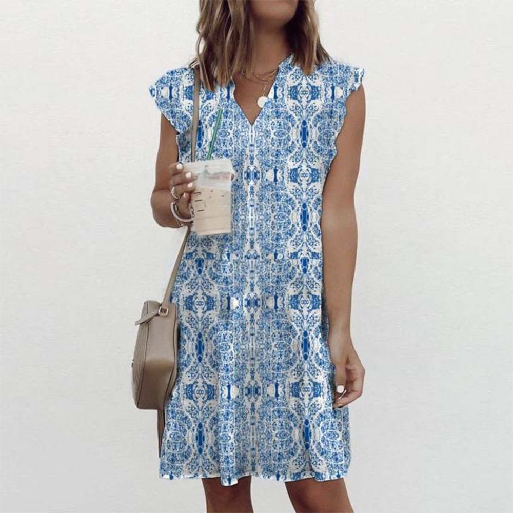 Fresh Blue Print Sleeveless Mini Dress
