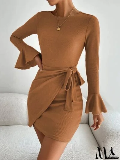 MidiSono - Waffle Knit Flounce Sleeve Tie Waist Mini Dress