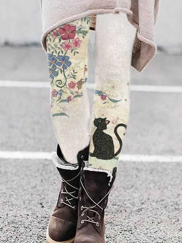 Casual Cat And Flower Print Leggings