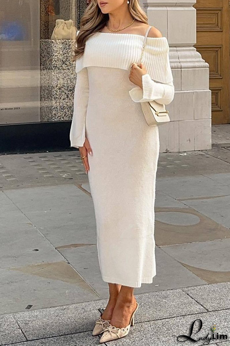 Sexy Solid Hollowed Out Slit Off the Shoulder Long Sleeve Dresses