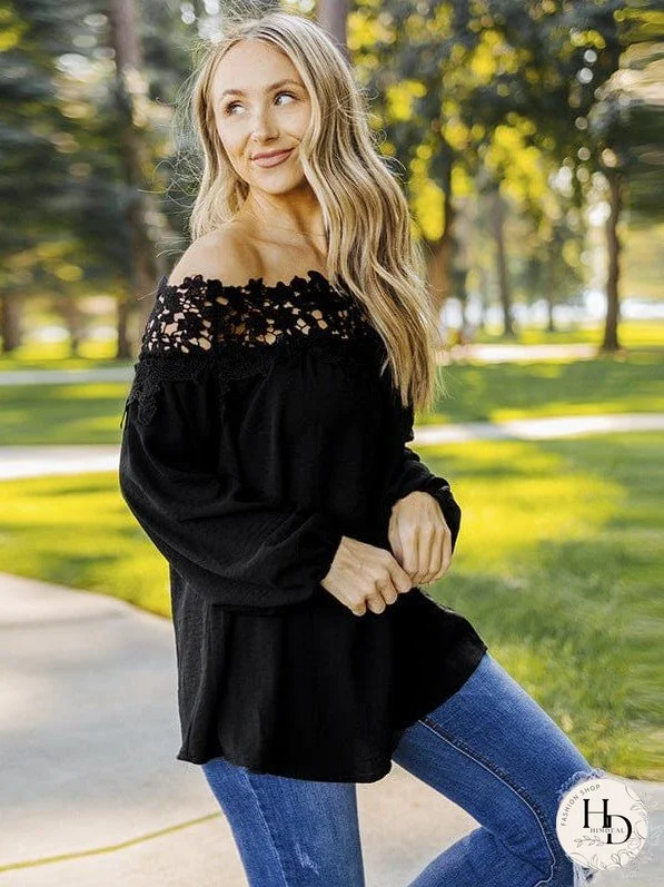 Loose Lace Stitching Chiffon Plus Size Shirt With One-Neck Design For Women