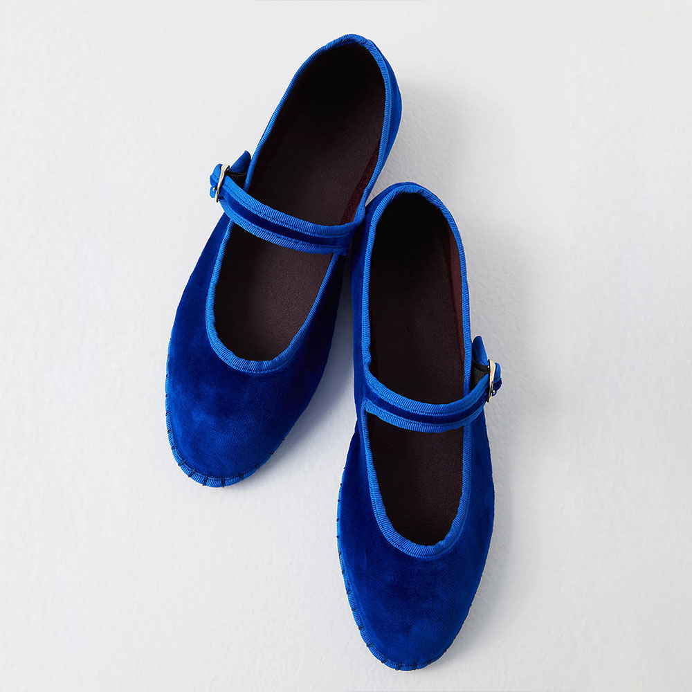 Blue Velvet Round Toe Buckle Strap Mary Jane Flats Nicepairs