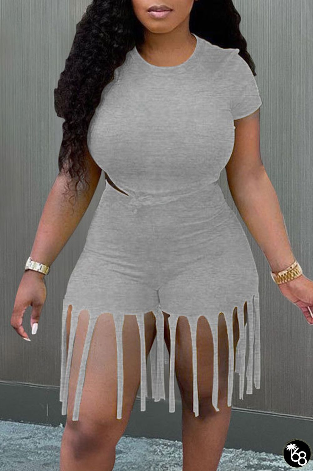 Grey Casual Solid Tassel Patchwork O Neck Plus Size Two Pieces | 168DEAL