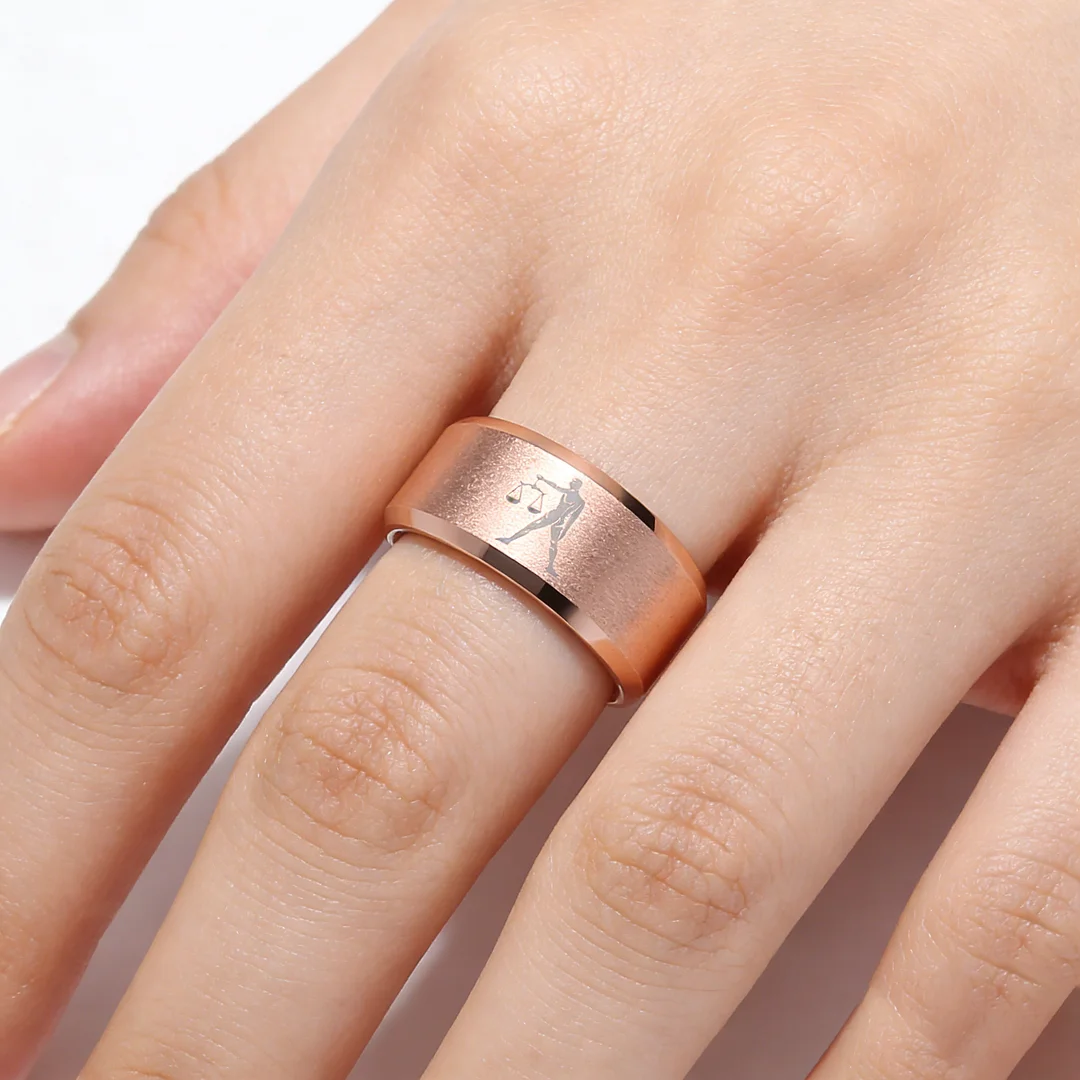 Rose Gold Libra Tungsten Carbide Rings Beveled Edges Rose Gold Laser Etched Couple Wedding Bands for Men and Women 4MM 6MM 8MM Width