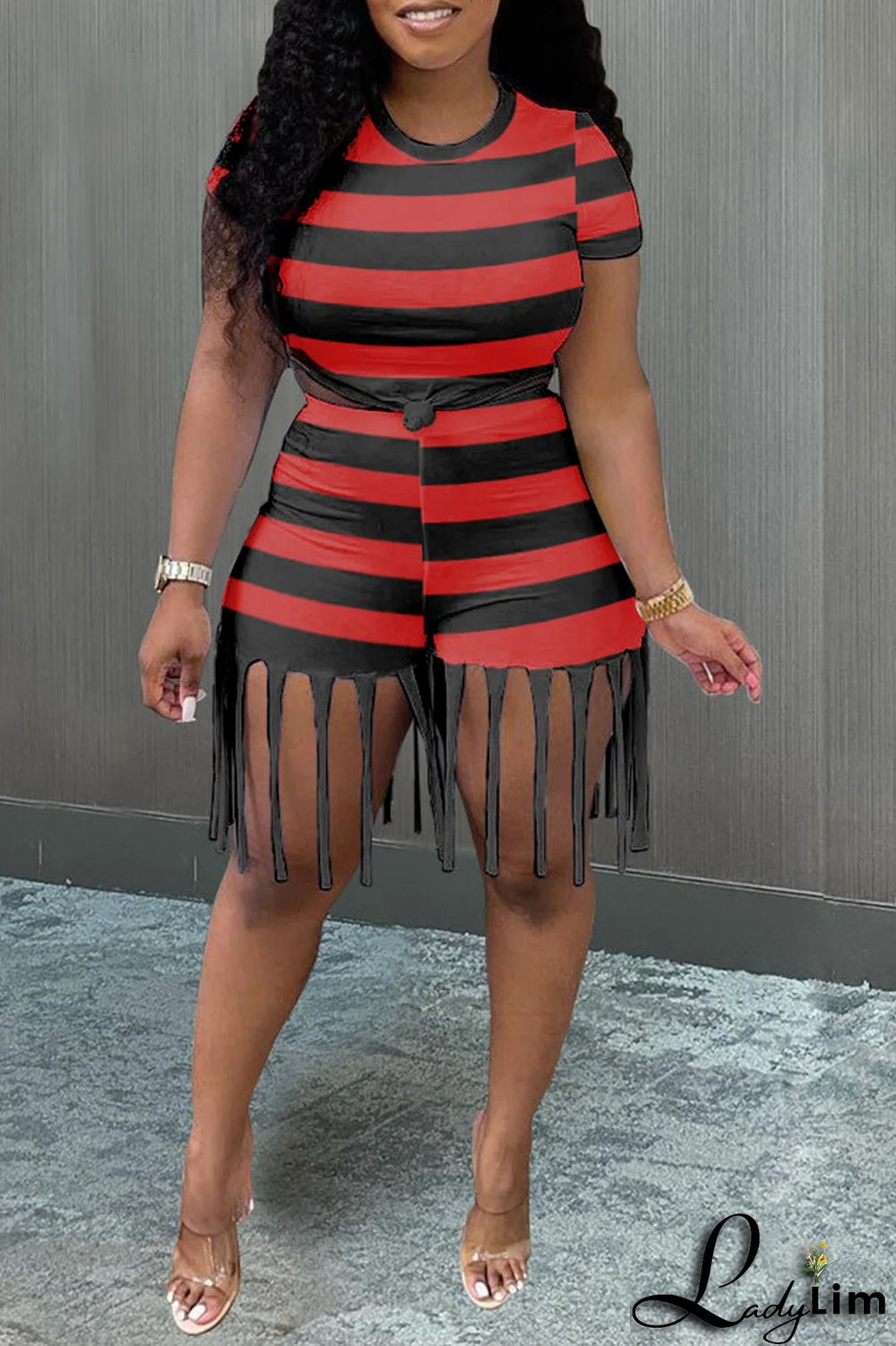 White Fashion Striped Rivets O Neck Plus Size Two Pieces