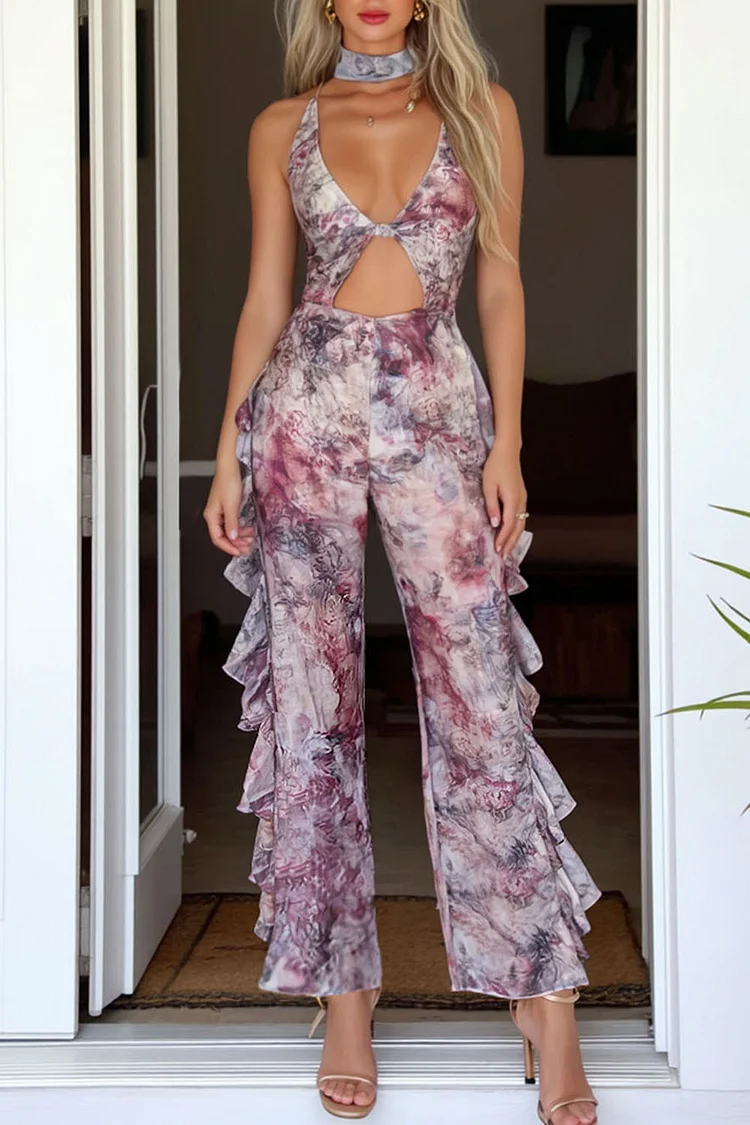 V Neck Cutout Marble Print Ruffle Vacation Cami Jumpsuit-Purple [Pre Order]