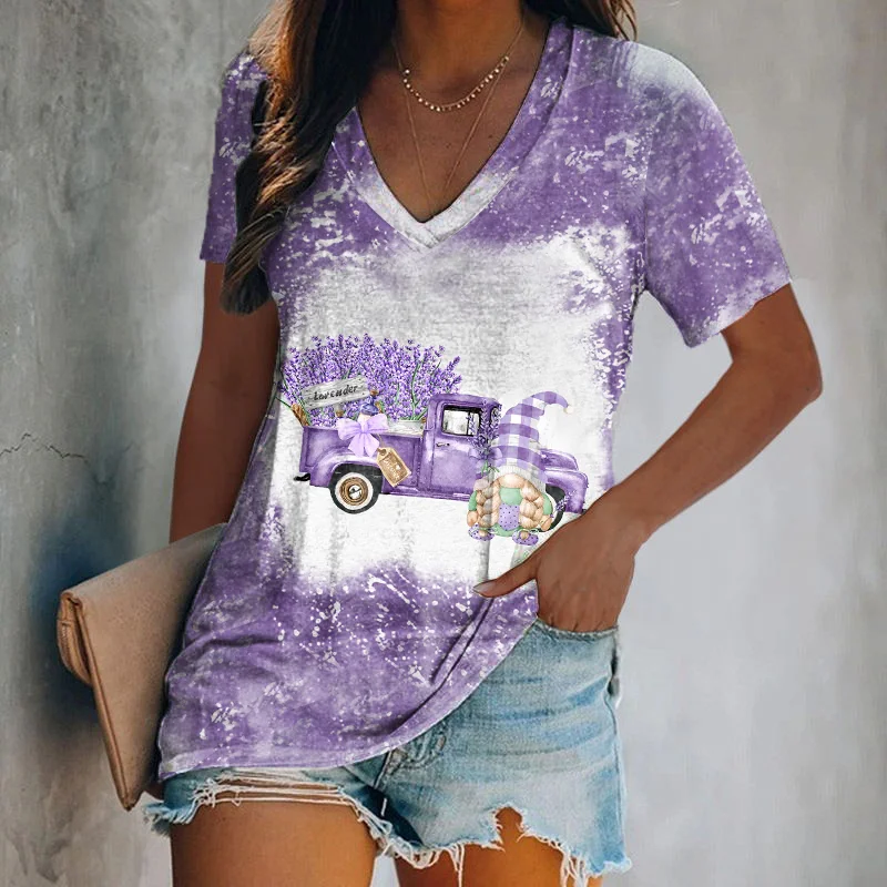 Lavender Truck Gnome Bleaching V Neck T-shirt
