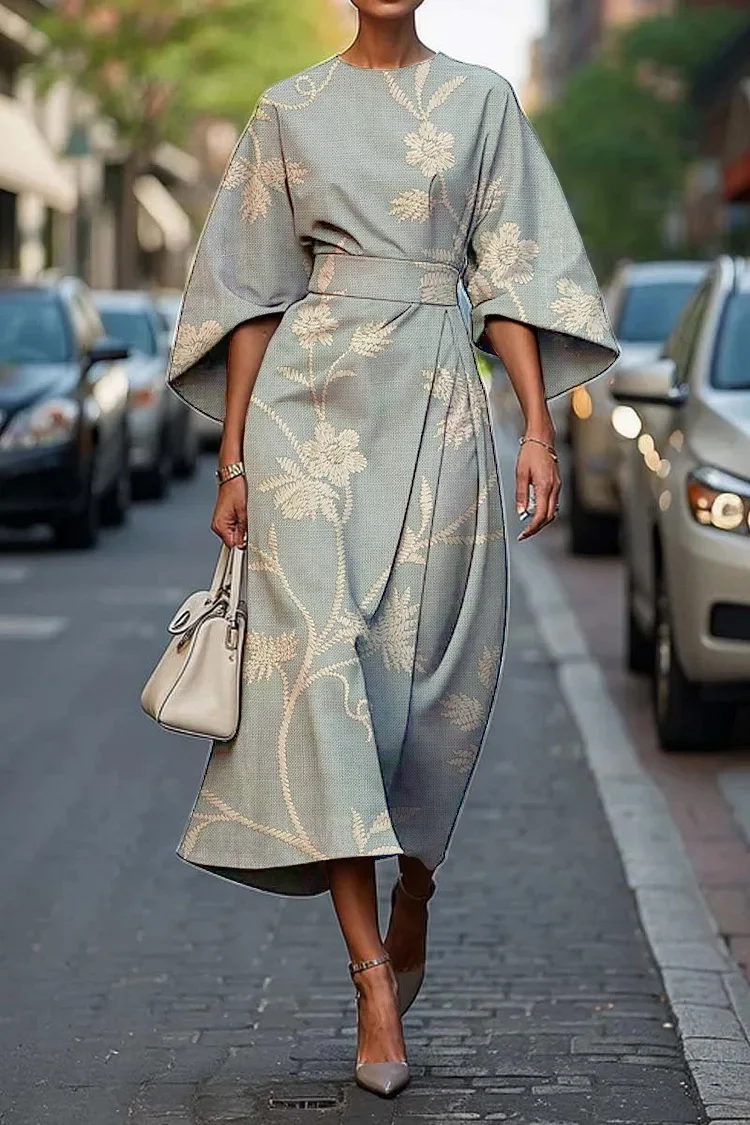 Vintage Floral Art Print V Neck Elegant Chic Flowy Midi Dress main image 1