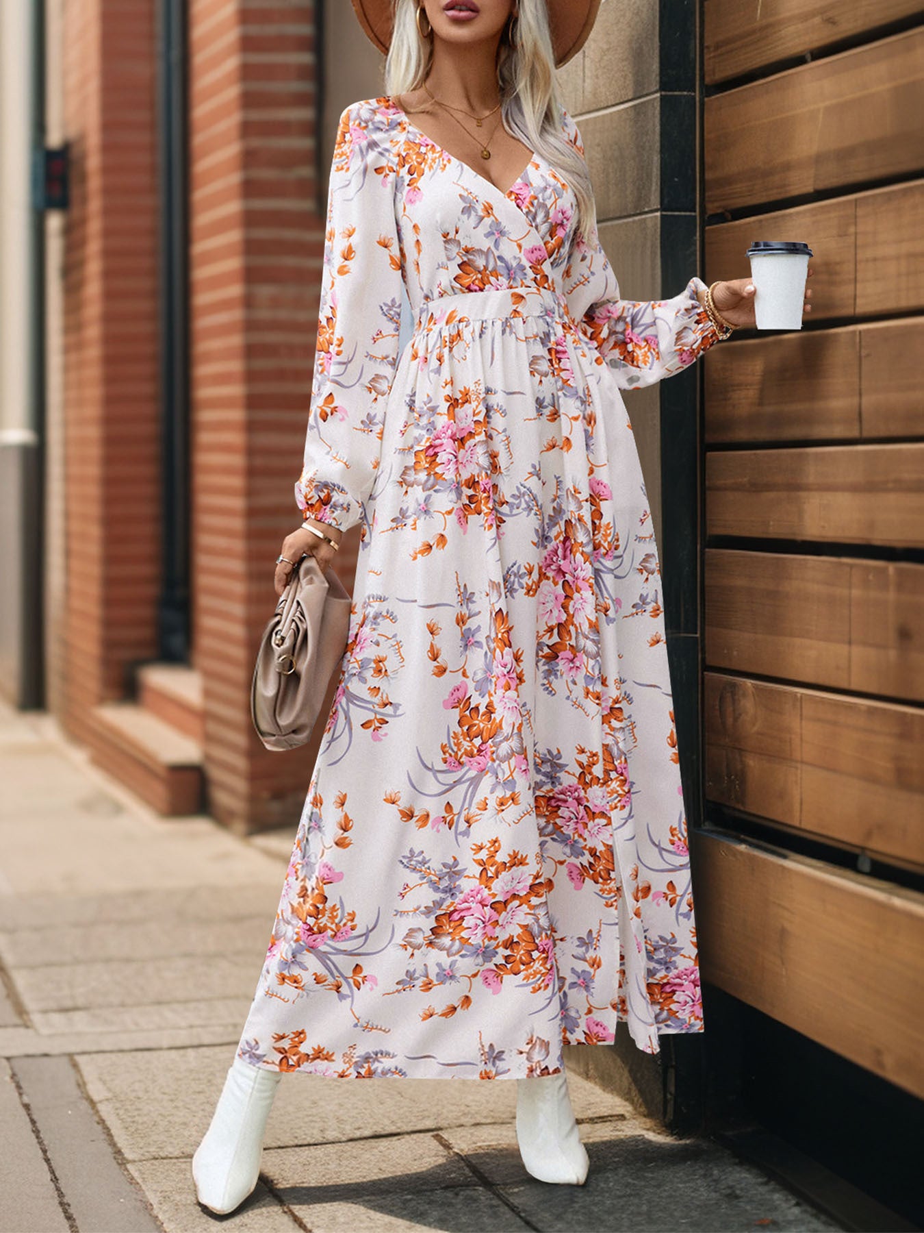 Women's Long Sleeve V-neck Floral Printed Slit Midi Dress