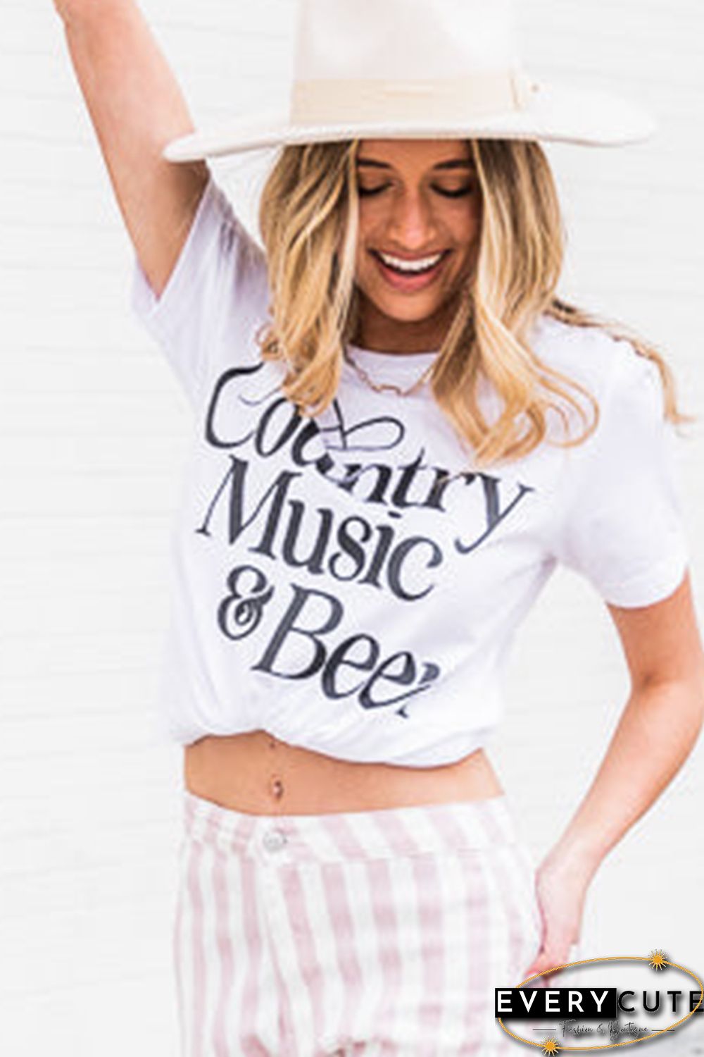 White Country Music & Beer Graphic Print Short Sleeve T Shirt