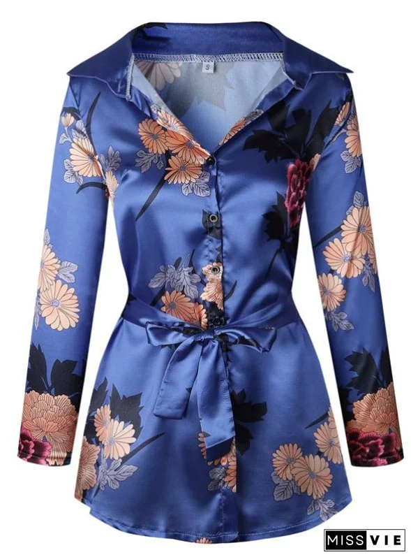 Floral Print Notched Dress Women Summer Long Sleeve Sexy Split