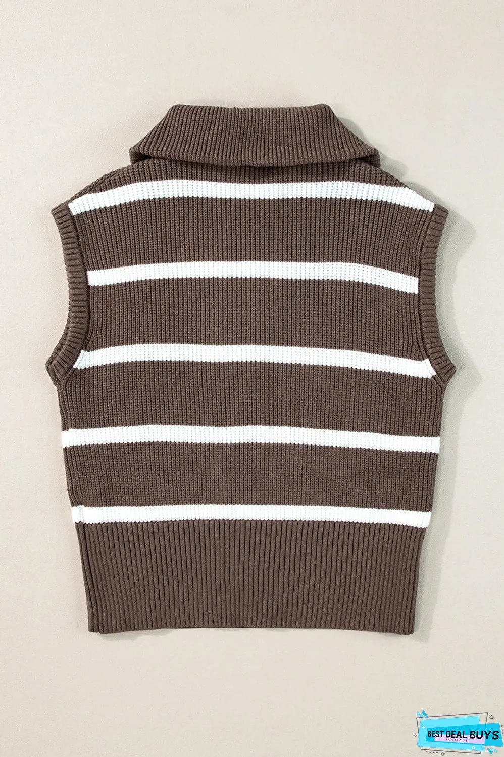 Brown Stripe Zipped Collar Cap Sleeve Knit Top