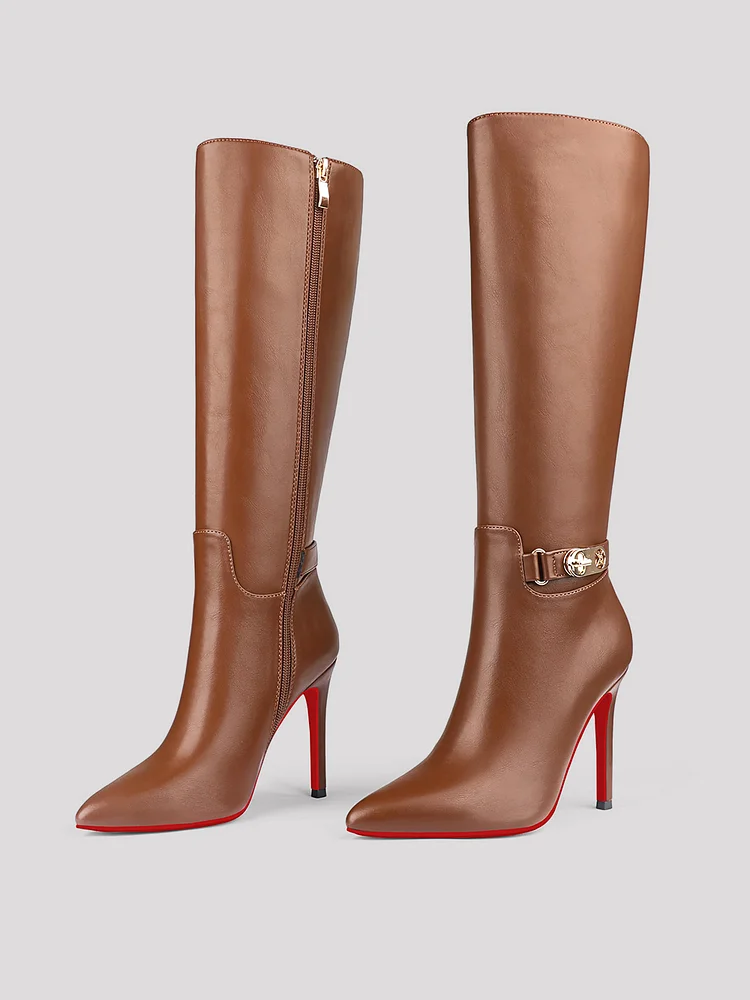 100mm Women's Stylish Zipper Fasteners Pointed Toe Red Bottoms Pumps High Heels Knee Boots