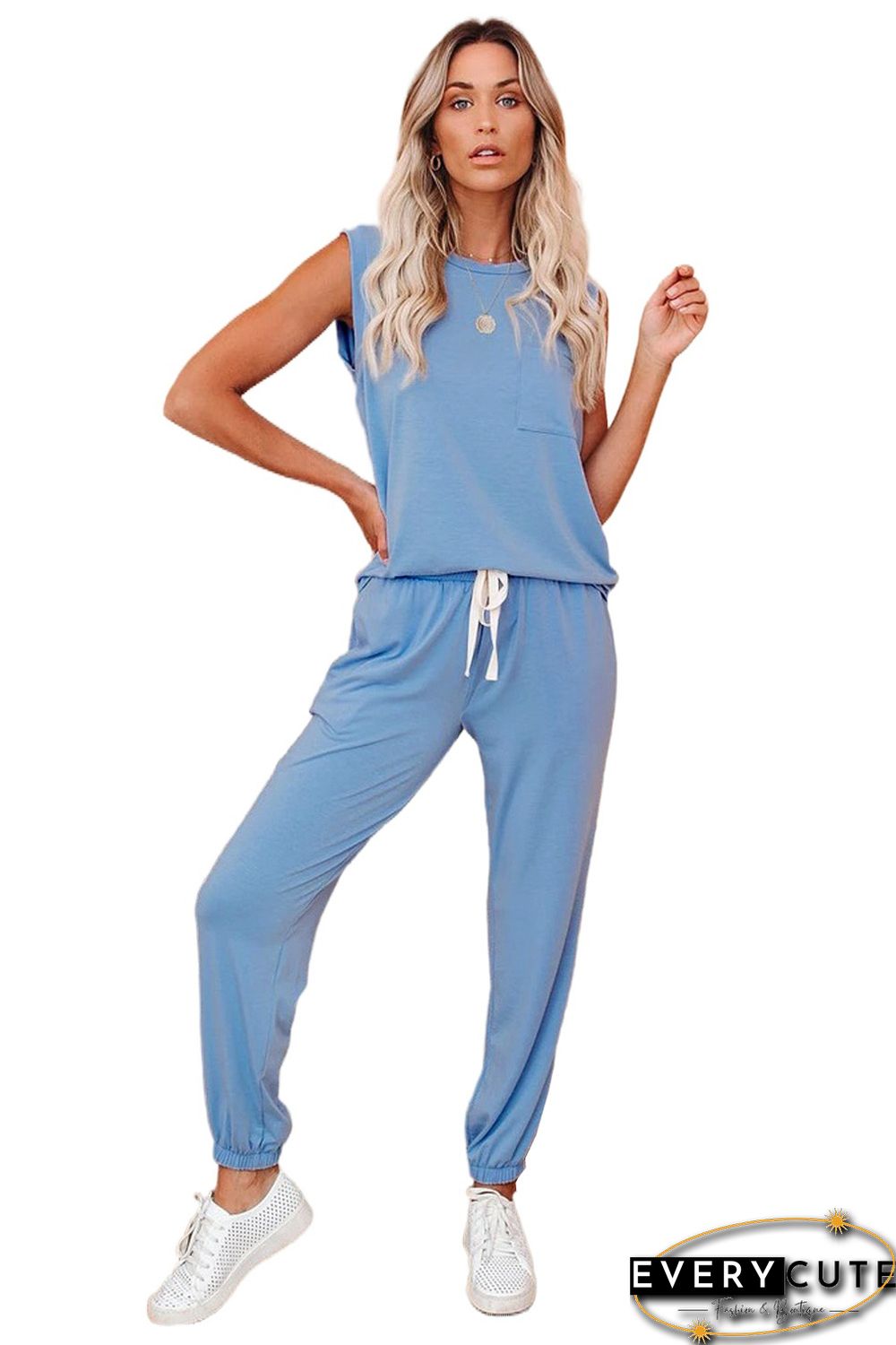 Sky Blue AM To PM Knit Pocket Tank and Joggers Sports Wear