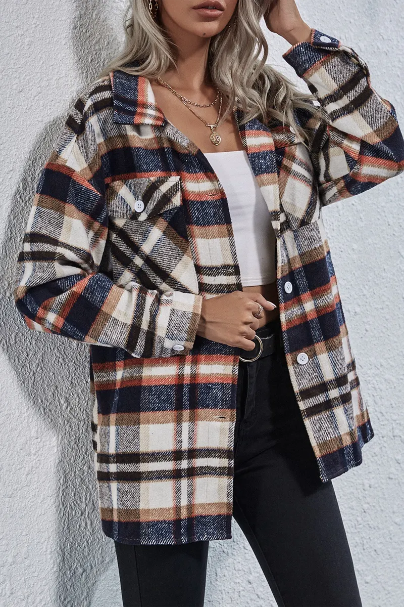 Long Sleeve Casual Plaid Woolen Coat