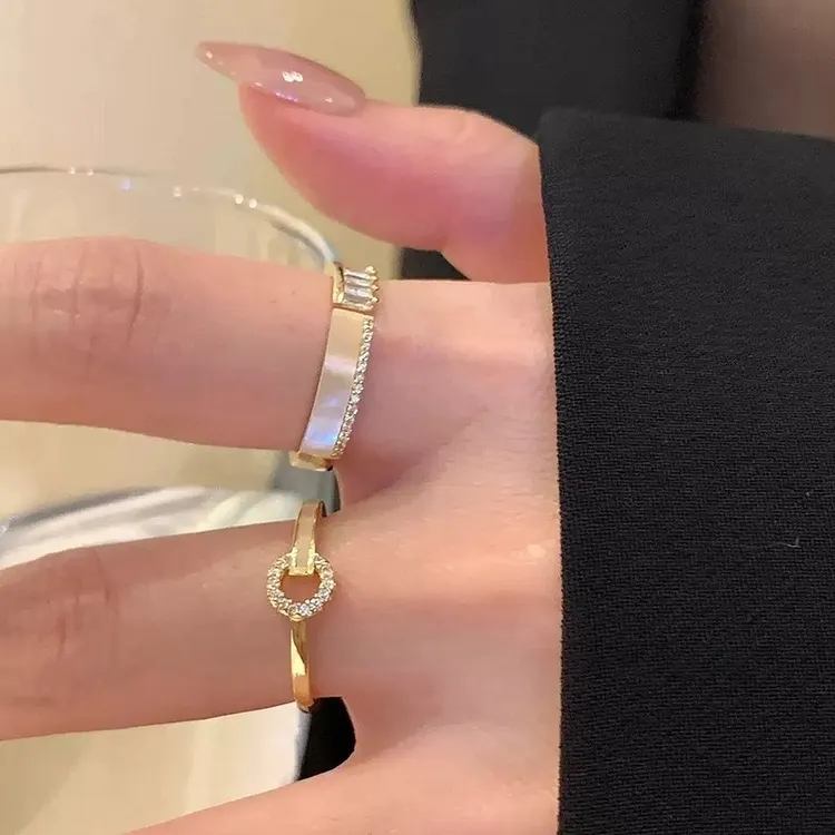 Spring Summer Geometric Open Ring for Women with Crystal Accents
