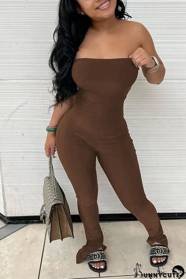 Brown Sexy Solid Split Joint Slit Strapless Regular Jumpsuits