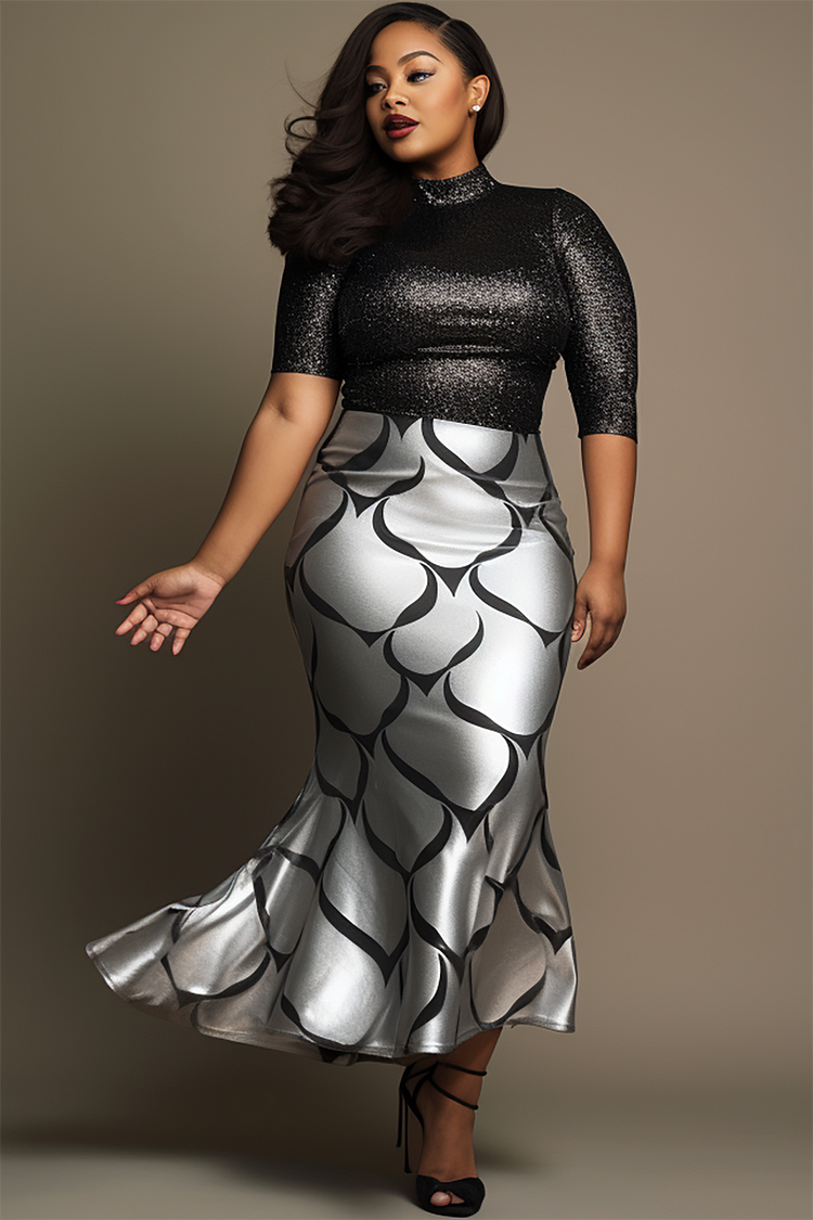 Xpluswear Design Plus Size Semi Formal Elegant Silver All Over Print Spring Summer Mermaid Metallic Skirts
