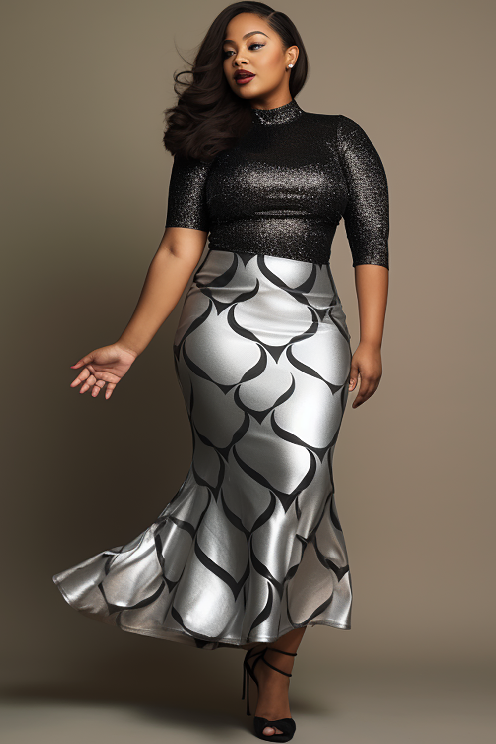 Design Plus Size Semi Formal Elegant Silver All Over Print Spring Summer Mermaid Metallic Skirts [Pre-Order]
