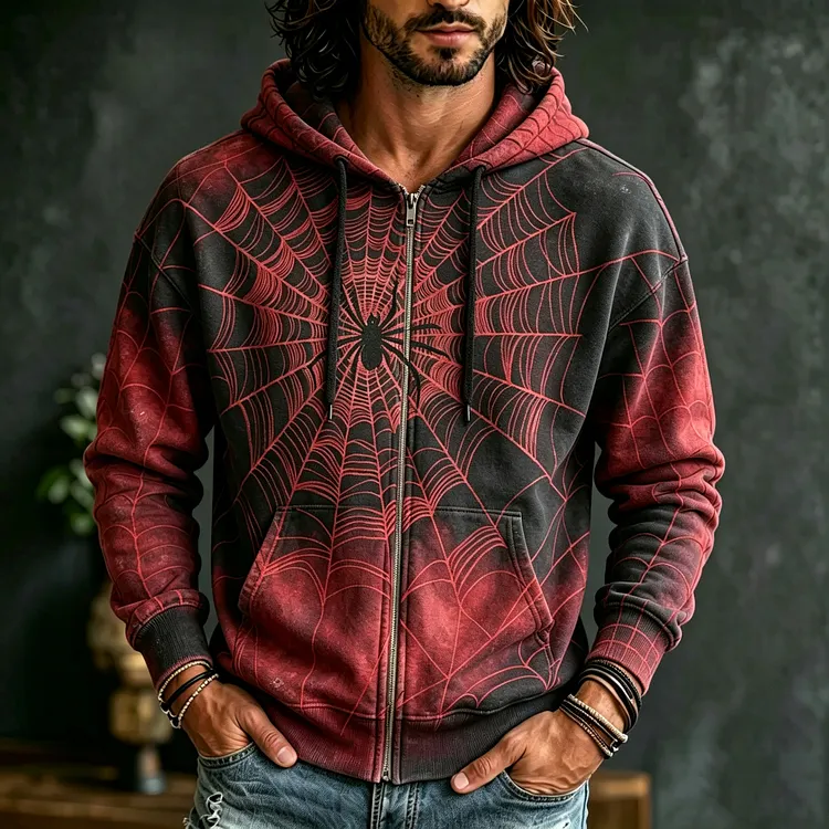 Men's Retro Halloween Style Spider And Spiderweb Print Hoodie Jacket