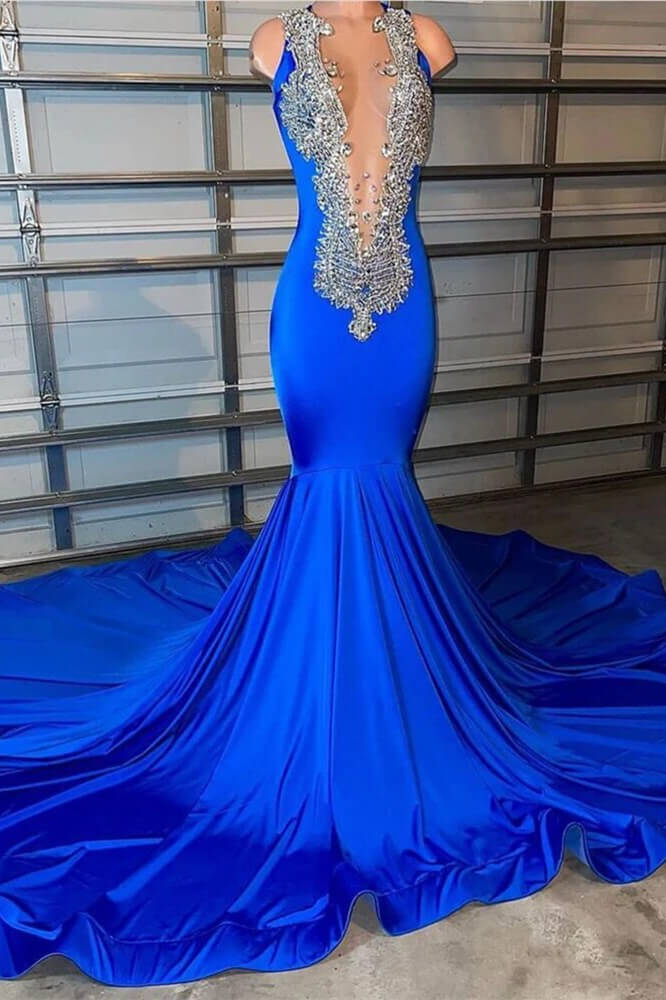 Bellasprom Royal Blue Scoop Sleeveless Mermaid Prom Dress With Beadings Crystals Bellasprom