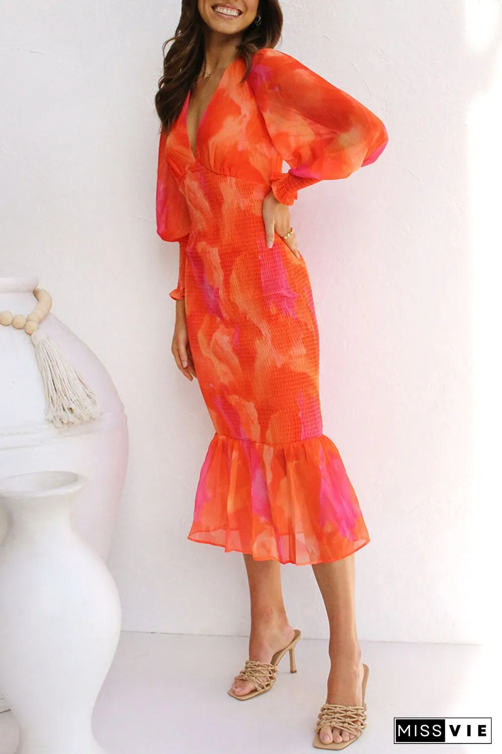 Casual Print Patchwork Flounce V Neck One Step Skirt Dresses
