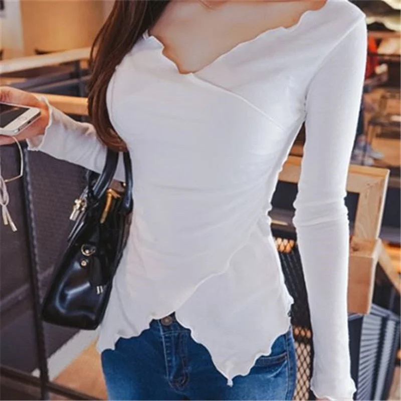 New Spring Top Sexy T Shirt Women Elasticity T-Shirt Korean Style Tee Woman Clothes Slim Tshirt Female Skinny Long Sleeve Tops