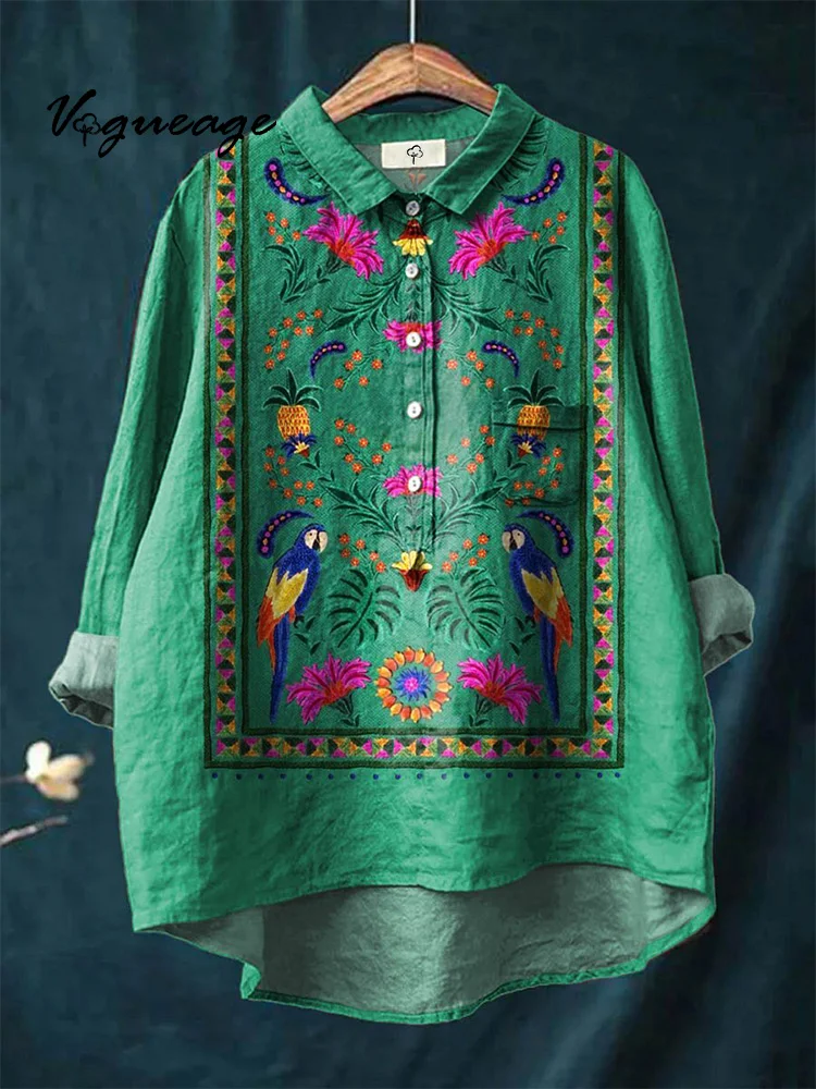 Simple Bright Colorful Flowers And Birds Print Cotton And Linen Shirt